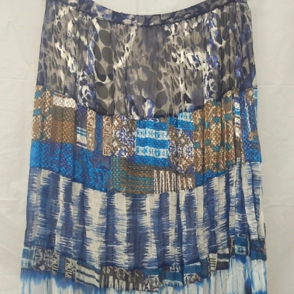 Patchwork Maxi Skirt Crinkled Chiffon Blue Brown Tiered Lined Chico’s Size 1 / 8